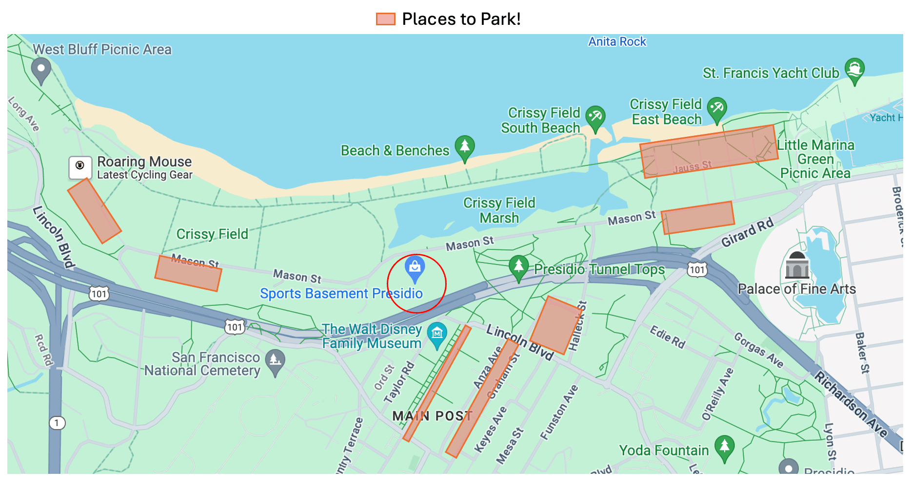 Map of the Presidio showing parking areas near Sports Basement Presidio in orange, with the start and finish circled in red